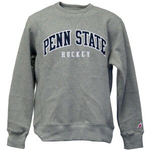 gray crew neck sweatshirt with Penn State Hockey across front